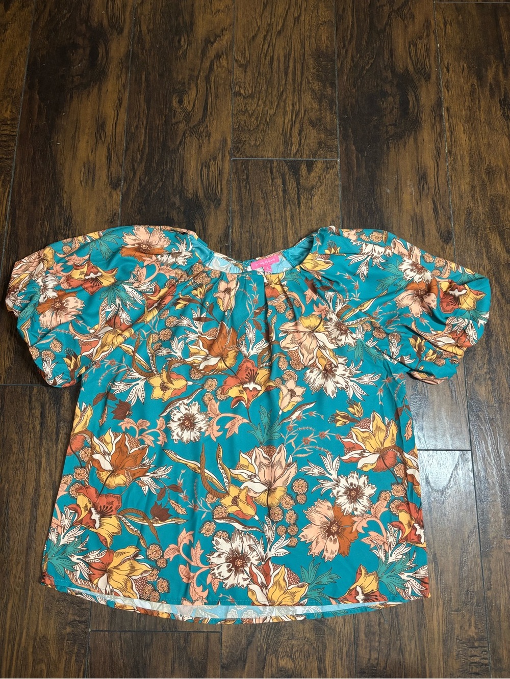 Women’s Flying Tomato Puff Sleeve Floral Printed Top Size Small Teal and Brown